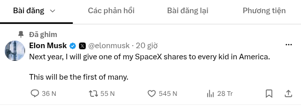 Elon Musk tuyên bố sẽ tặng mỗi trẻ em Mỹ một cổ phiếu SpaceX- Ảnh 1.