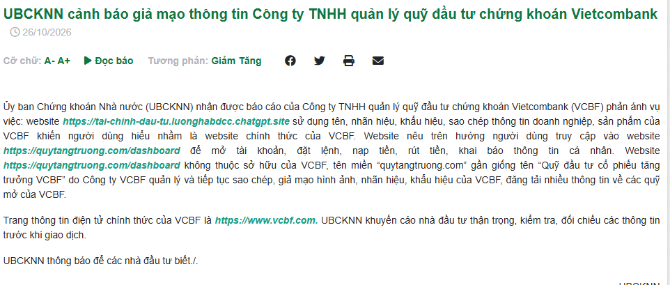 Nhà đầu tư cảnh giác: Xuất hiện website giả mạo quỹ đầu tư Vietcombank, dụ mở tài khoản, nạp tiền - Ảnh 1.